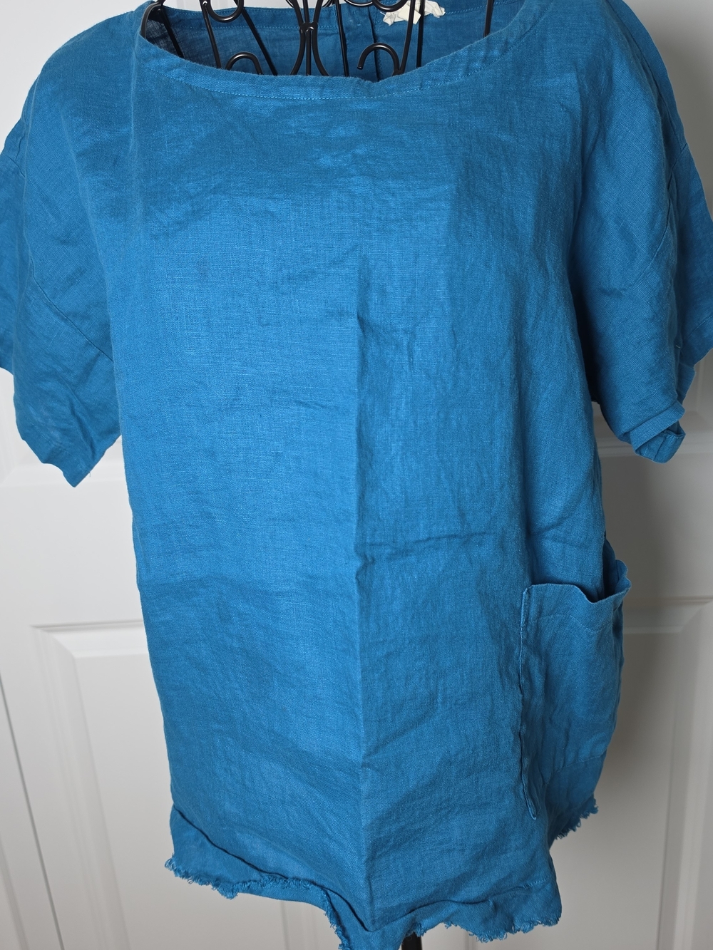 Eileen Fisher 100% Organic Linen Turquoise Blue Pocket Top Small Coastal Chic